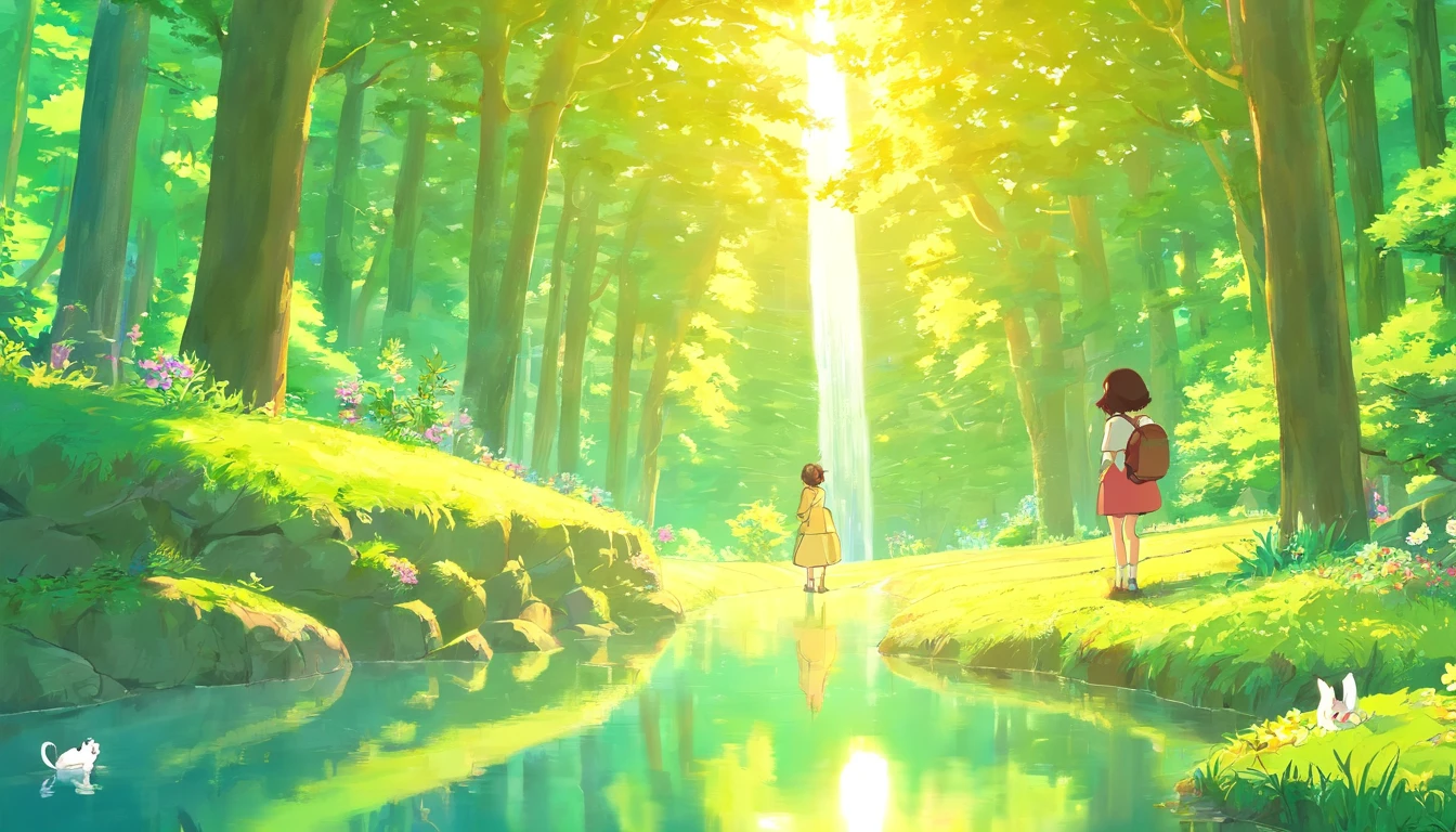 A 13-year-old girl，By the lake in the forest，Kittens by your side，flower  sea，having picnic，There are vegetables，the fruits，pizza，Extreme light and shadow，Extreme light chasing，Extreme ambient light，Ultimate lake reflection，heal，bright sun，