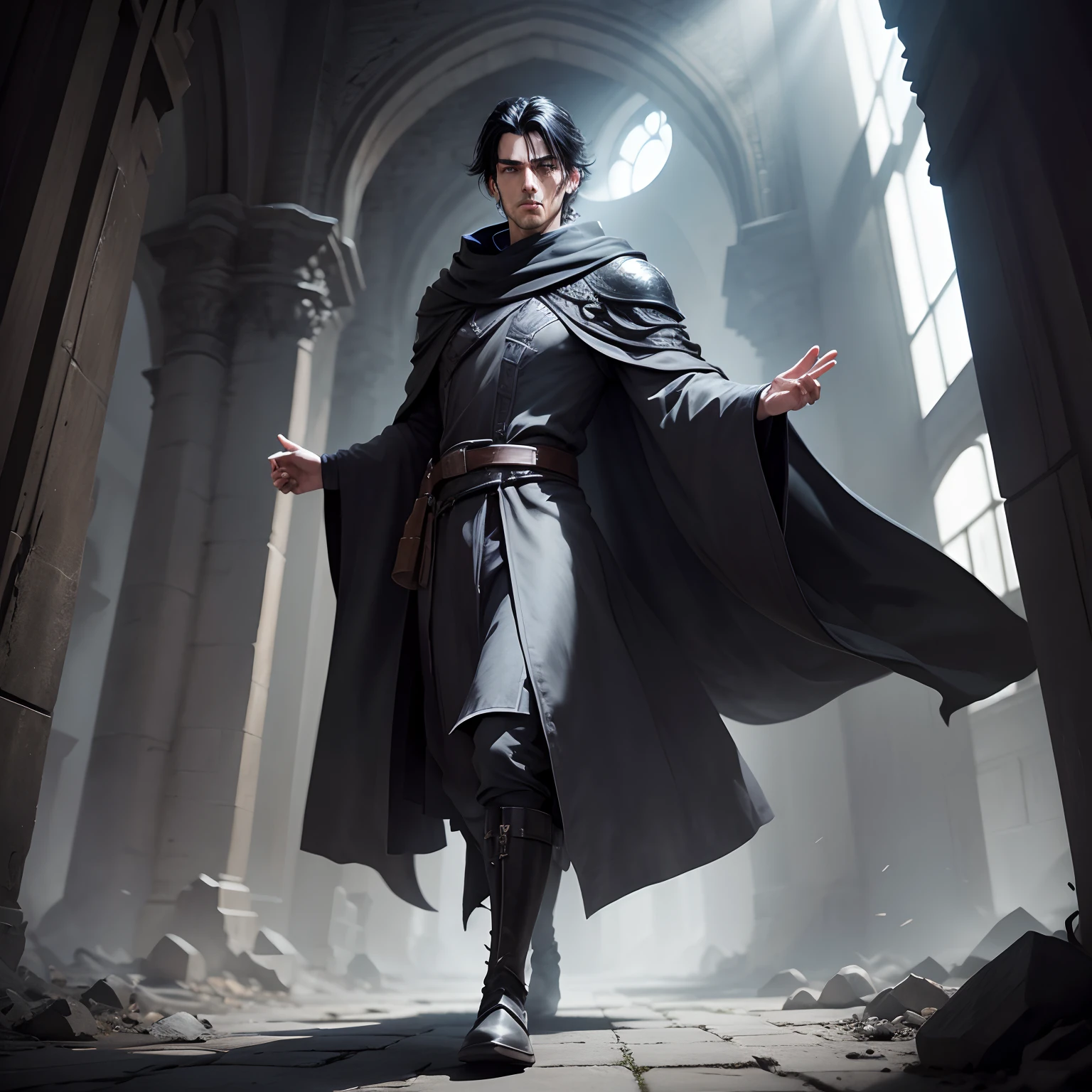 Model
ReV Animated
 Black-haired man (( solo)) dressed in a gray wizard's robe , stands in full growth , His boots are visible , You can see his hands raised up and his tense gaze , Front light.