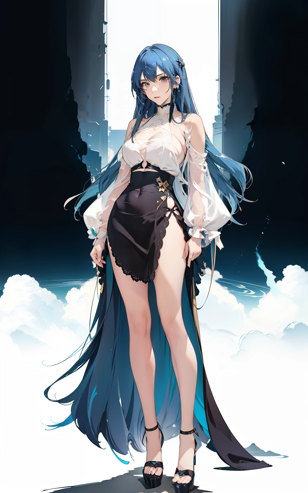 Long blue hair,hentail realism, shadowing,，character sheets, reference sheet, Standing painting, 8K, Super detail, 1080p, Women's HD，femele, 16k, A high resolution, Best quality, High quality, Anatomically correct, Masterpiece, ccurate, hyper HD，As graceful as a swan，unreal-engine， Ghibli-like colors,   anime big ??????,  Standing painting, angle of view,battle armor，ssee-through，Lace skirt，Fluorescence