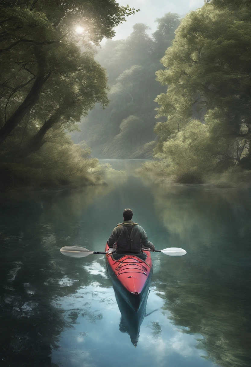 Generate an illustration of a contemplative landscape, calm and serene with mystic clouds and tranquil waters. 1man is kayaking alone in a expansive, misty lake, the entire atmosphere covered a calm light blue hue, in contemplative and philosothical, melancholic silent wonder masterpiece, 8k, ultrasharp, high res.