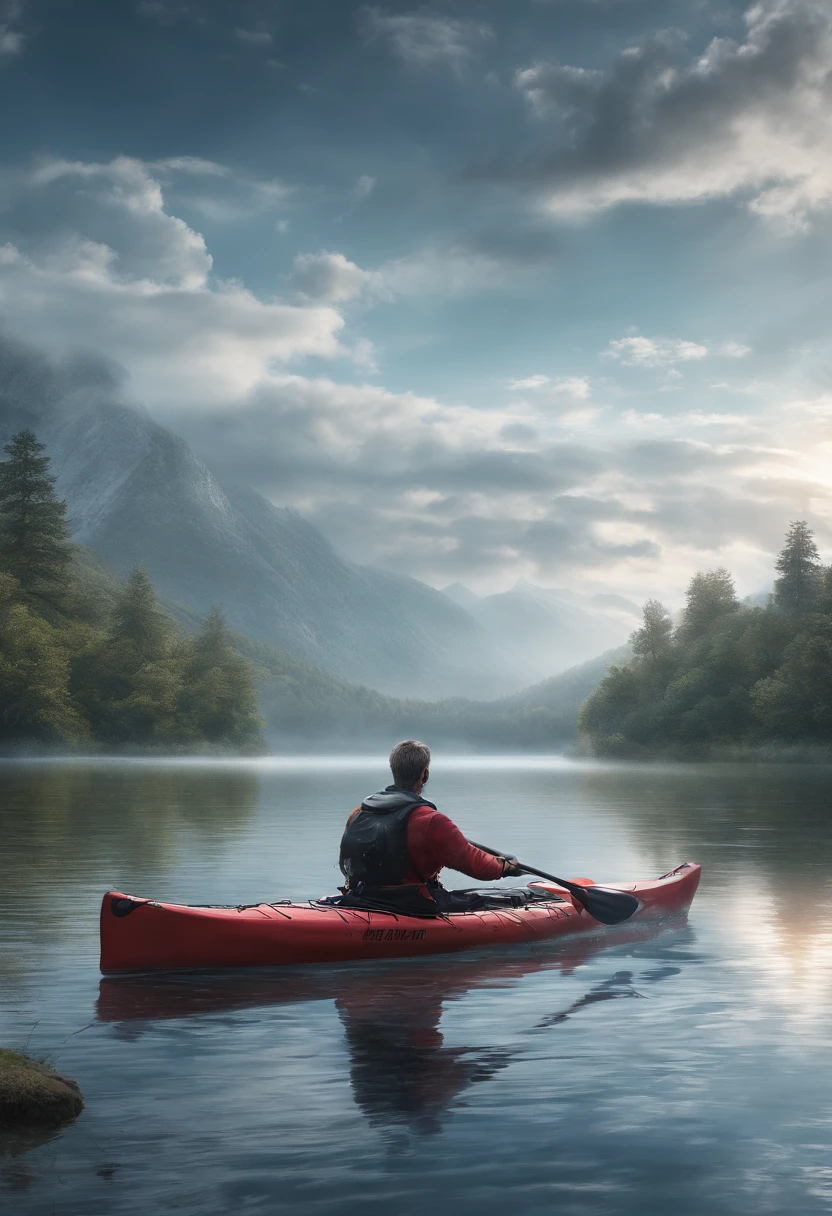 Generate an illustration of a contemplative landscape, calm and serene with mystic clouds and tranquil waters. 1man is kayaking alone in a expansive, misty lake, the entire atmosphere covered a calm light blue hue, in contemplative and philosothical, melancholic silent wonder masterpiece, 8k, ultrasharp, high res.