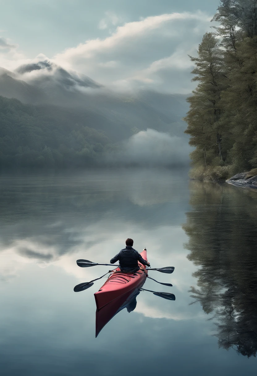 Generate an illustration of a contemplative landscape, calm and serene with mystic clouds and tranquil waters. 1man is kayaking alone in a expansive, misty lake, the entire atmosphere covered a calm light blue hue, in contemplative and philosothical, melancholic silent wonder masterpiece, 8k, ultrasharp, high res.