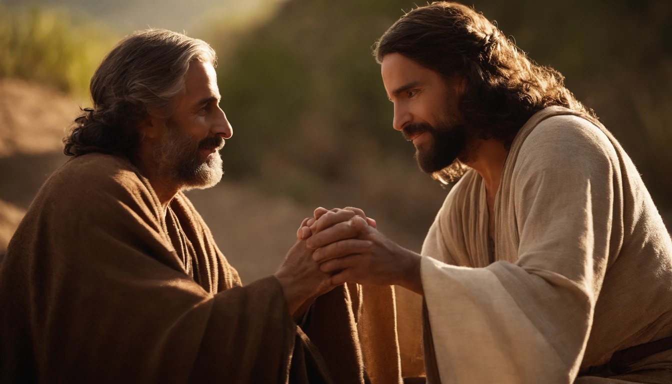 um homem velho de cabelos brancos conversando com um homem mais novo, perto de uma vinha, Biblical characters of the New Testament. tempo de jesus