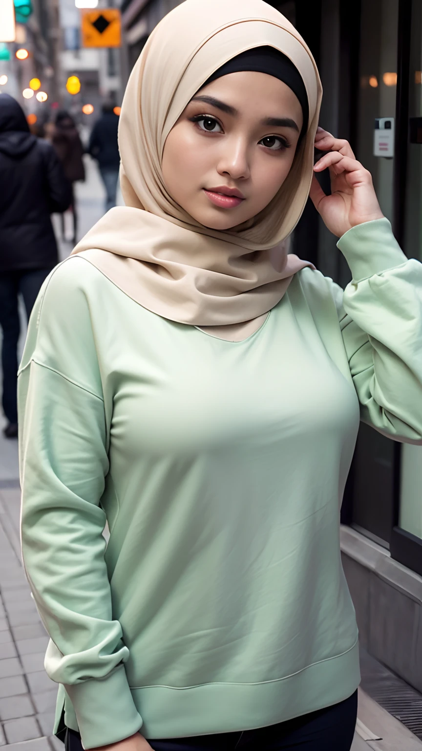 (Best quality, high resolution, masterpiece: 1.3), a beautiful malay woman in hijab, big breasts, slim figure, sweatshirt, beautifully presented details in the street and facial and skin texture, detailed eyes, double eyelids, big eyeschest visible, shirt open