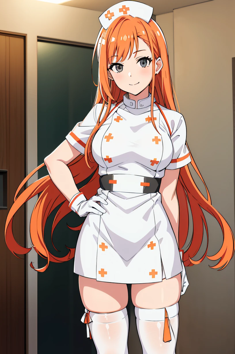 arisugawa natusha, long hair, orange hair, grey eyes, solo, nurse, ((white nurse cap, white nurse's outfit)), ((white legwear, zettai ryouiki)), white gloves, smile, standing, hospital room, sharp outline, short sleeves, best quality, masterpiece