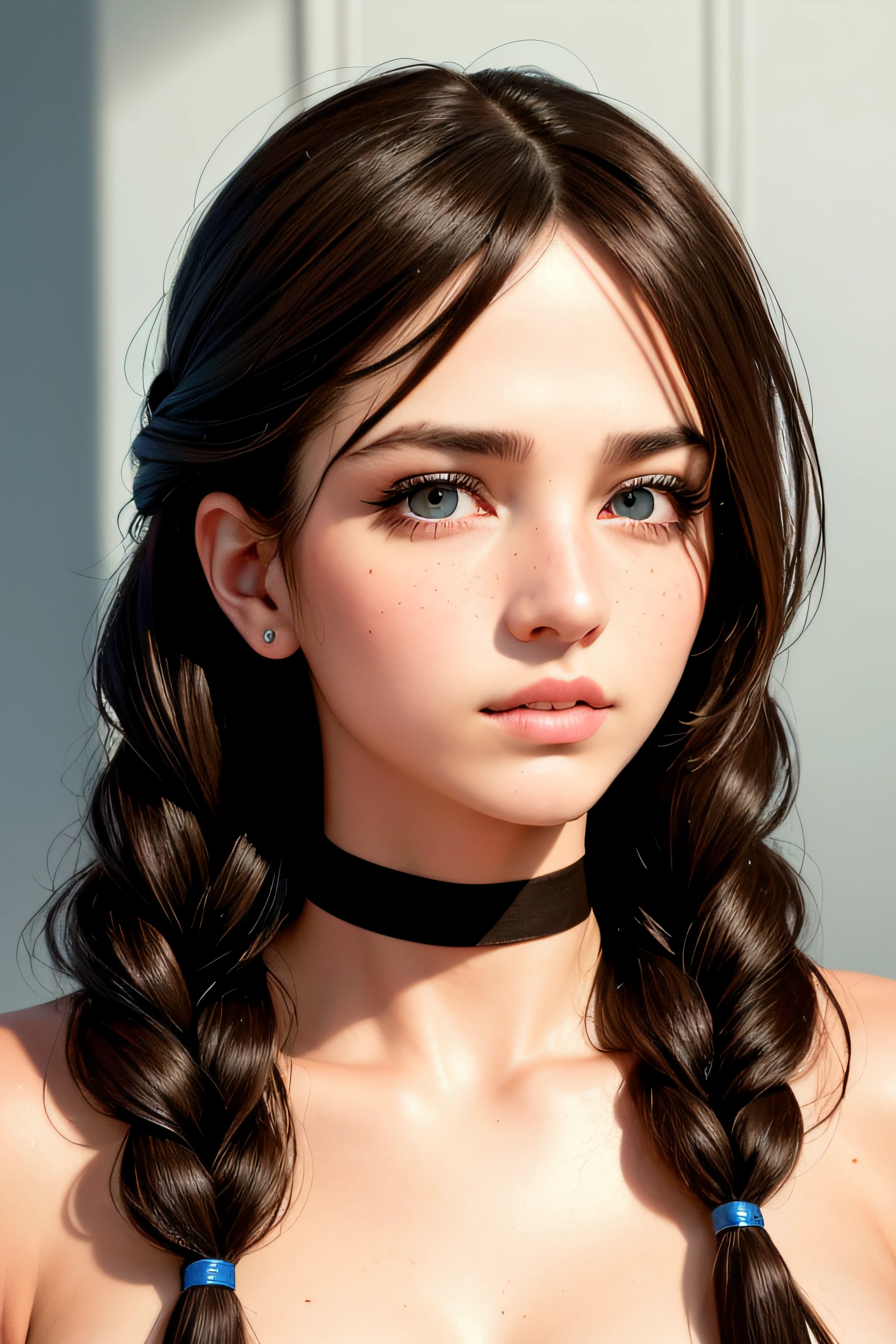 Masterpiece, solo, highly detailed, ultra-detailed, ultra high res, (photorealistic:1.333), (best quality), (best shadow),detailed, perfect lighting, dark brown hair, very long hair, braids, [face freckles], (blue eyes), choker, smokey make up,  close up, portrait, in a royal palace bath hall.