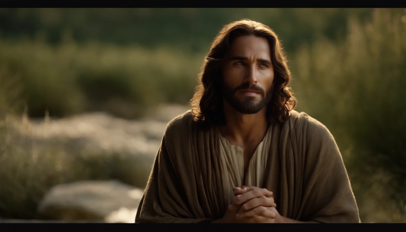Generate an incredibly lifelike image of Jesus Christ in a serene setting with a loving and comforting expression, with dimensions set to 1280x720 pixels. Capture intricate details, including his surroundings suffused with soft, golden sunlight, while rendering his countenance with a profoundly affectionate and reassuring demeanor that evokes a deep sense of compassion and solace