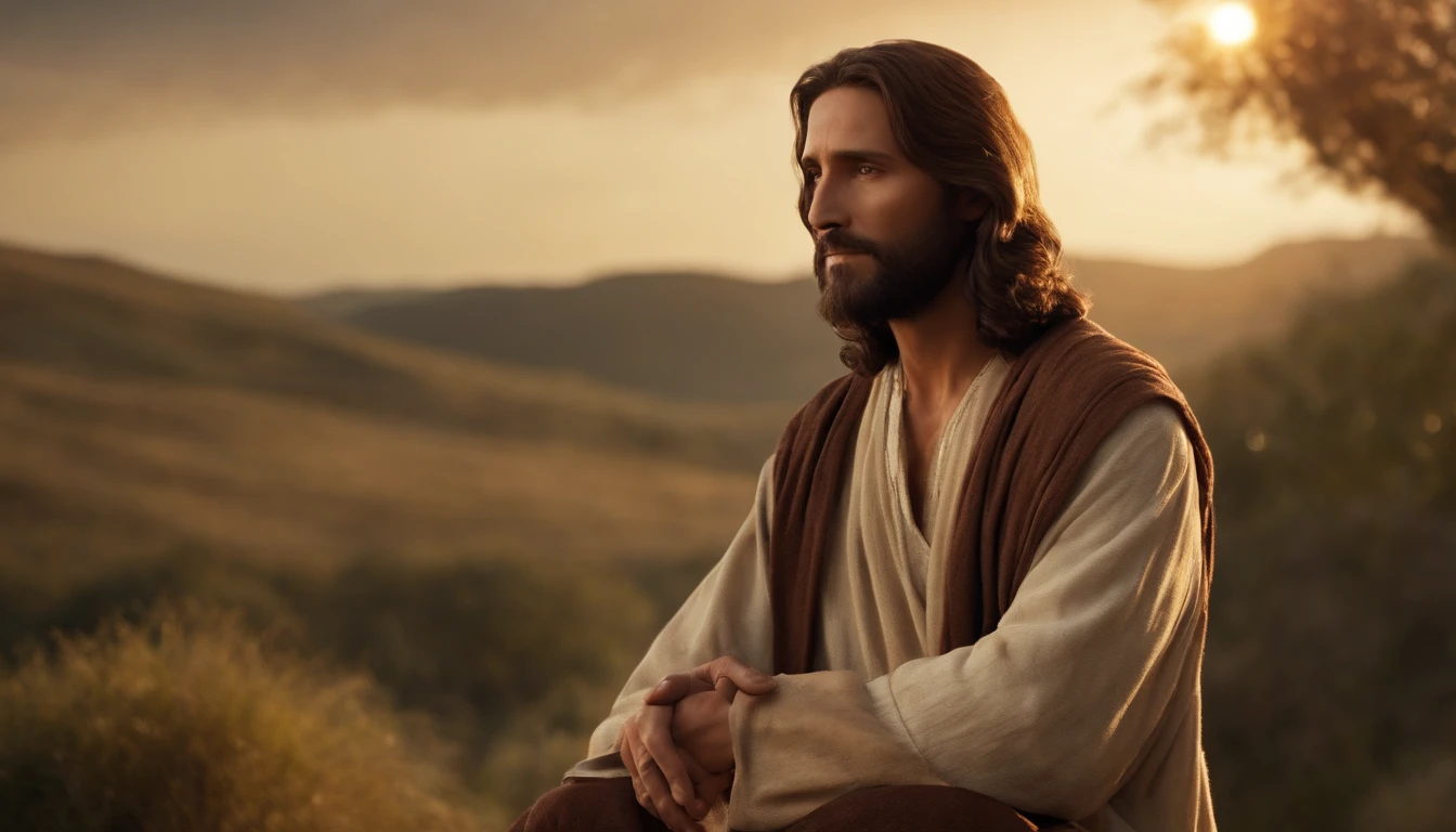 Generate an incredibly lifelike image of Jesus Christ in a serene setting with a loving and comforting expression, with dimensions set to 1280x720 pixels. Capture intricate details, including his surroundings suffused with soft, golden sunlight, while rendering his countenance with a profoundly affectionate and reassuring demeanor that evokes a deep sense of compassion and solace