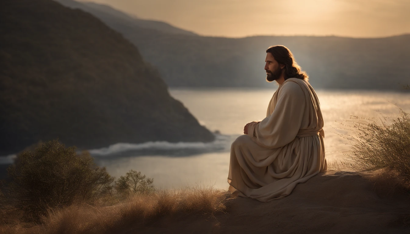 Generate an incredibly lifelike image of Jesus Christ in a serene setting with a loving and comforting expression, with dimensions set to 1280x720 pixels. Capture intricate details, including his surroundings suffused with soft, golden sunlight, while rendering his countenance with a profoundly affectionate and reassuring demeanor that evokes a deep sense of compassion and solace