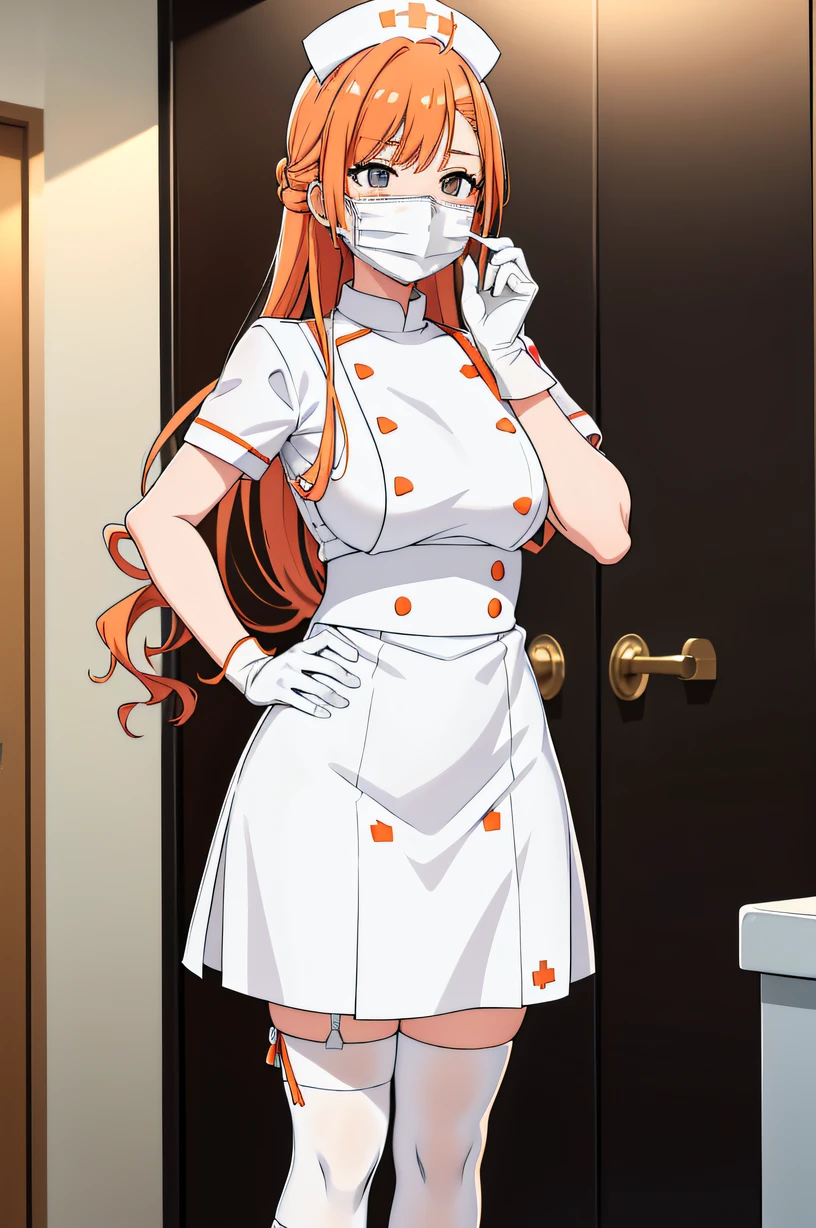 arisugawa natusha, long hair, orange hair, grey eyes, solo, nurse, ((white nurse cap, white nurse's outfit)), ((white legwear, zettai ryouiki)), white gloves, ((white surgical mask, covered nose)), standing, hospital room, sharp outline, short sleeves, best quality, masterpiece