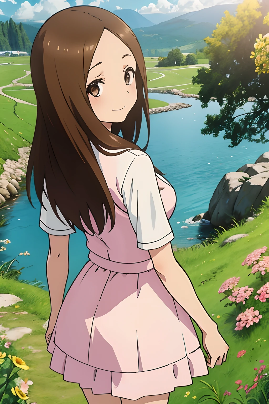 (Realistic),(Photorealistic),Takagi_San, 1girl in, Height 155 cm,Long hair, Brown hair, Part bangs, Brown eyes,（（German national costume））,（（white frills））,（pink clothing）,large full breasts,cleavage of the breast,Forehead,Smile, Looking at Viewer,masutepiece,Big ass,Full body, Best Quality, (Colorful),volumatic light, Ray tracing,the Extremely Detailed CG Unity 8K Wallpapers,Smile,((flying petal)),(Flowery meadow), Sunny,Sunshine, light, Fantasy, Windy, magic sparks, Trees, lake, mountainscape, ((Flowers)),weeds