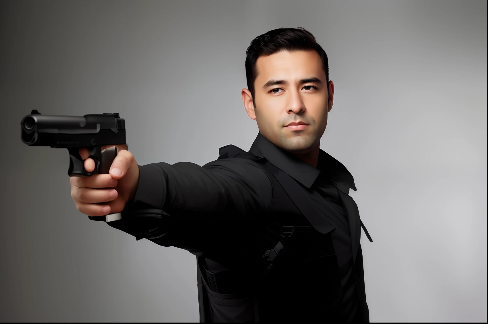 arafed man in a black jacket holding a gun in his hand, holding arms on holsters, tactical vests and holsters, with pistol, security agent, bulletproof vest, carrying a gun, bullet proof vest, holding a desert eagle, shoulder mounted gun, holding handgun, holding pistol, holding a pistol, wearing tactical gear, holding gun, sunglasses