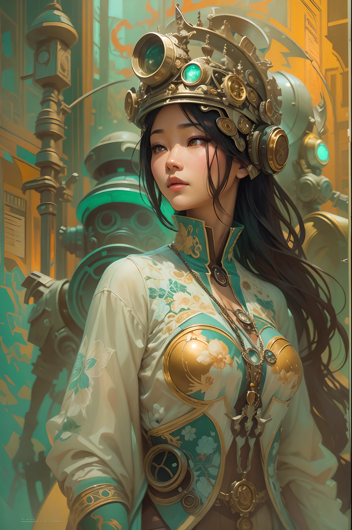 A beautiful Asian woman is walking in love hand in hand with a retro-futuristic steampunk robot, 

oil paint, 

thick brush strokes, 

fantasy style, 

art, 

sketch, 

drawing, 

unreal engine, 

greg rutkowski, 

loish, 

rhads, 

beeple, 

makoto shinkai and lois van baarle, 

ilya kuvshinov, 

rossdraws, 

tom bagshaw, 

alphonse mucha, 

global illumination, 

detailed and intricate environment