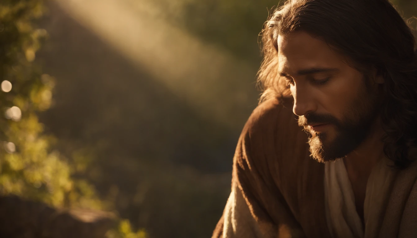 Generate an incredibly lifelike image of Jesus Christ in a serene setting with a loving and comforting expression, with dimensions set to 1280x720 pixels. Capture intricate details, including his surroundings suffused with soft, golden sunlight, while rendering his countenance with a profoundly affectionate and reassuring demeanor that evokes a deep sense of compassion and solace