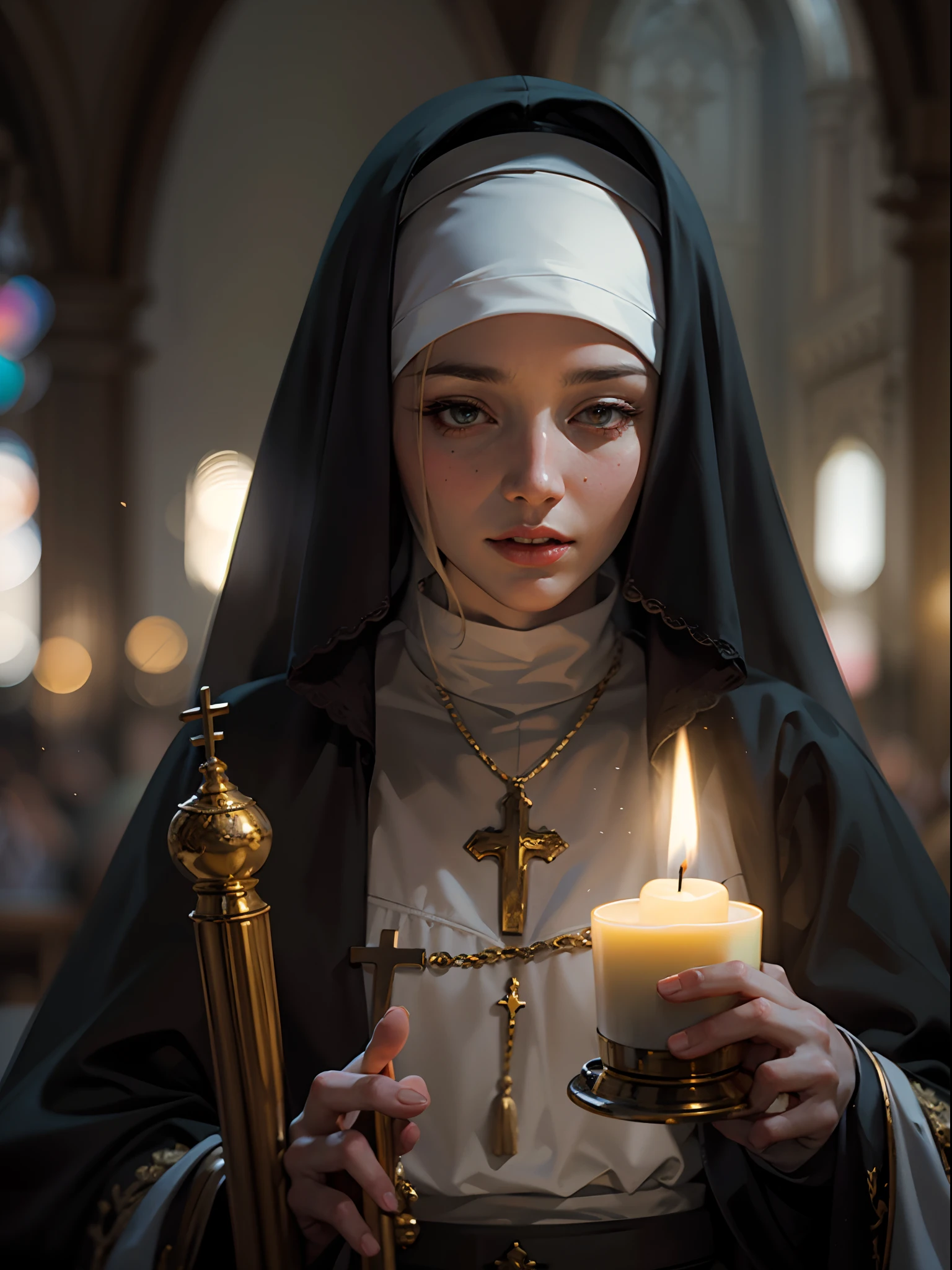Nun close-up portrait, church hall, dynamic teased poses, realistic detailed portrait, holdba candle, best quality masterpiece, 8K UHD