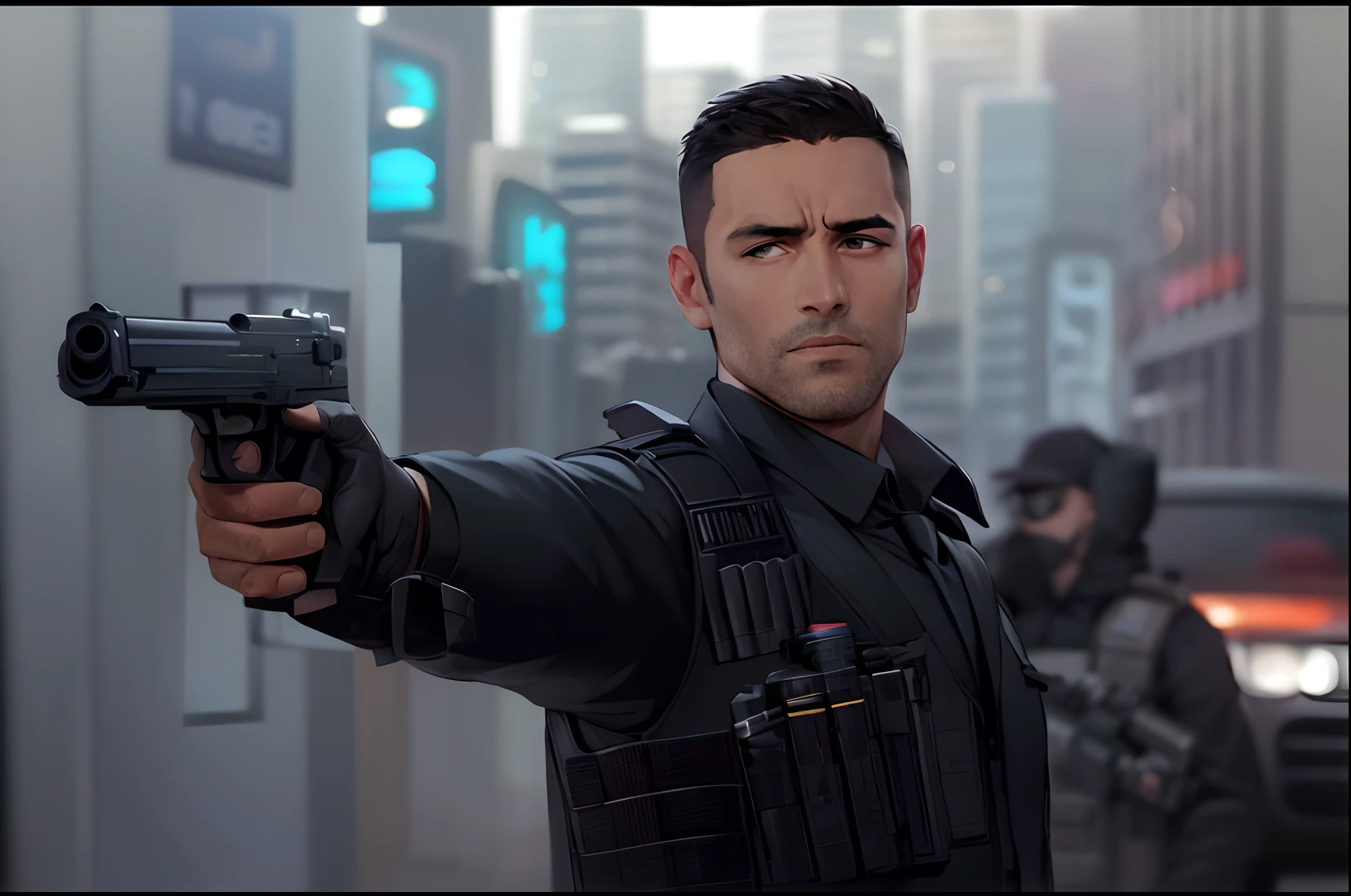 arafed man in a black jacket holding a gun in his hand, holding arms on holsters, tactical vests and holsters, with pistol, security agent, bulletproof vest, carrying a gun, bullet proof vest, shoulder mounted gun, holding handgun, holding pistol, holding a pistol, wearing tactical gear, a bulletproof vest, sunglasses, night skyline