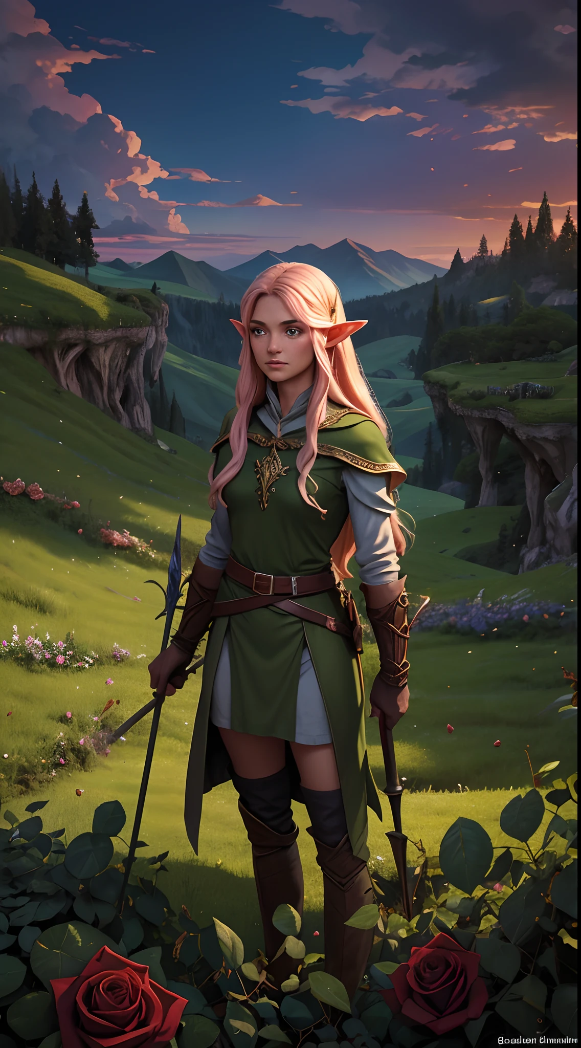 A lone elf standing atop a hill, defending against encroaching vines with a rose-imbued staff,
Determination, challenge,
Valor, defiance,
Elvish magic, rose-tangled defense, twilight glen, ethereal glow