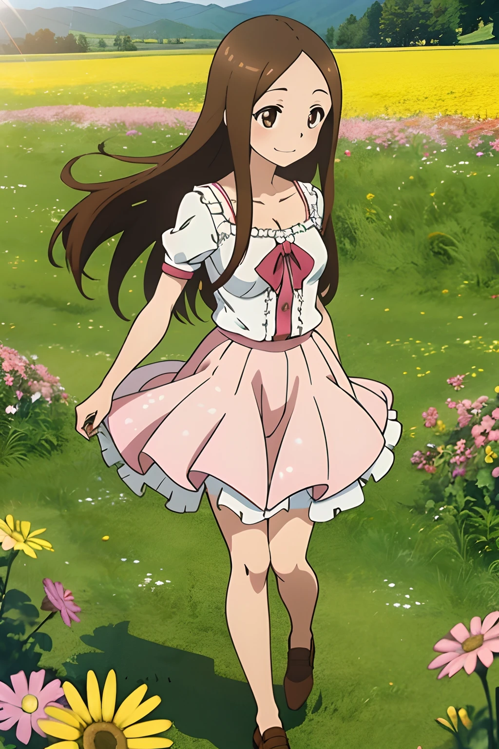 (Realistic),(Photorealistic),Takagi_San, 1girl in, Height 155 cm,Long hair, Brown hair, Part bangs, Brown eyes,((German national costume)),((white frills)),(pink clothing),large full breasts,cleavage of the breast,Forehead,Smile, Looking at Viewer,masutepiece,Big ass,Full body, Best Quality, (Colorful),volumatic light, Ray tracing,the Extremely Detailed CG Unity 8K Wallpapers,Smile,((flying petal)),(Flowery meadow), Sunny,Sunshine, light, Fantasy, Windy, magic sparks, Trees, lake, mountainscape, ((Flowers)),weeds