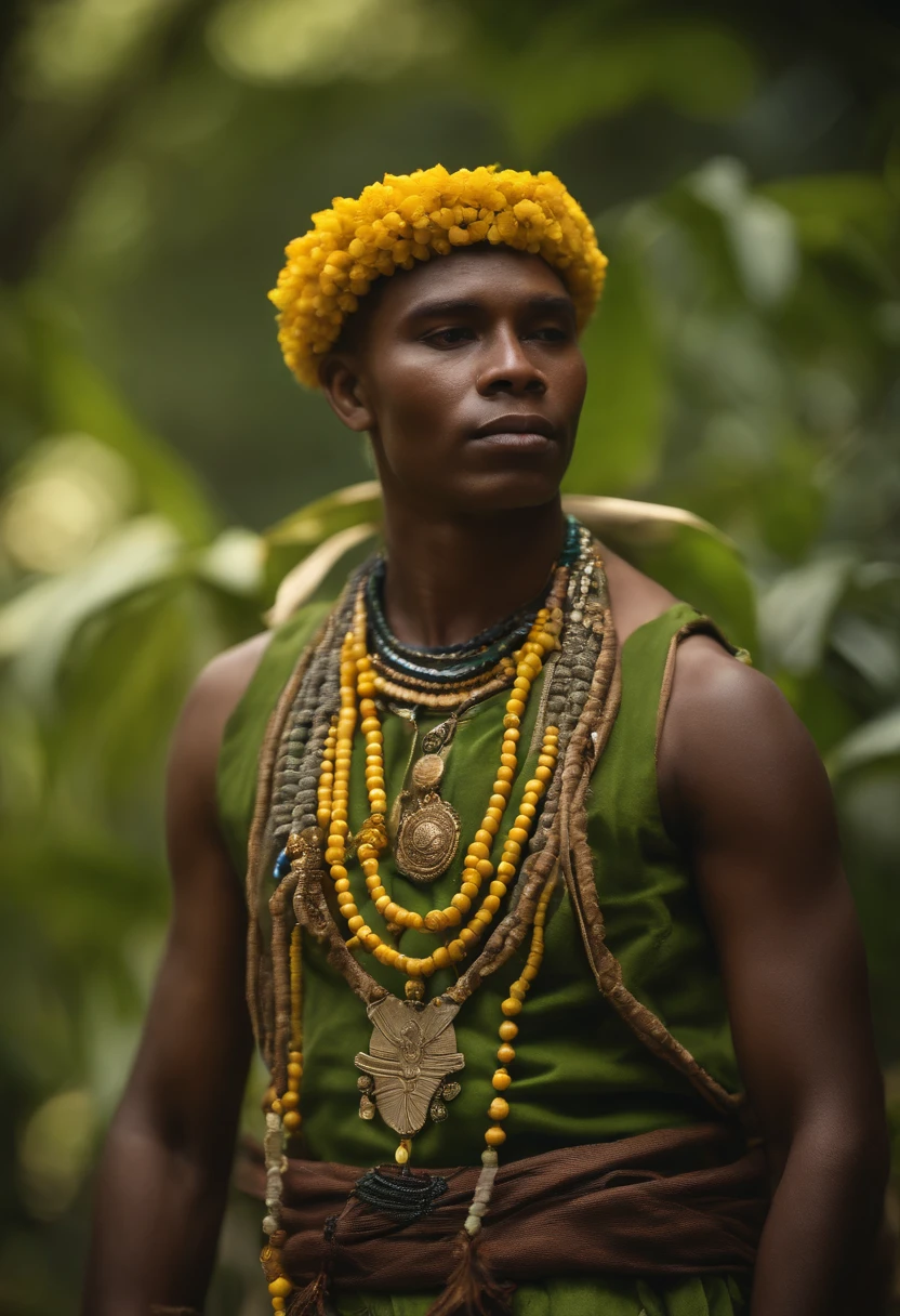 CABOCLO , mestizo black man, indio, adornos tipicos indigena,vestindo um ade de penas verdes e amarelas. intrincado, entidade da umbanda, rosto pintado. verde e amarelo,, olhar penetrante, cosmic god,