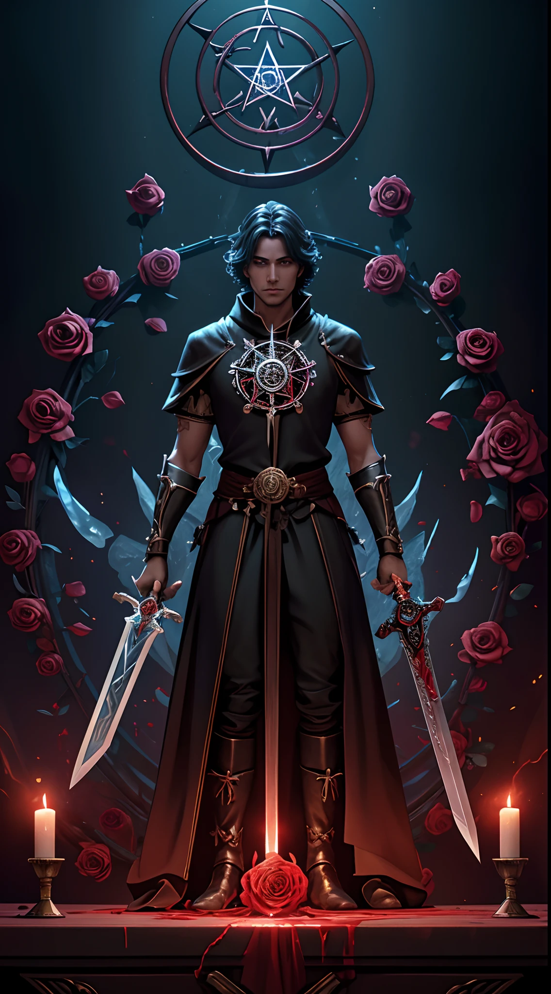 A grand figure standing at a crossroads, sword of ice in one hand, chalice filled with blood in another, a cogwheel pentacle on his table, and a wand bursting with roses above,
Mastery, manifestation,
Channeling, potential,
Elemental convergence, arcane workshop, swirling mists, ethereal glow