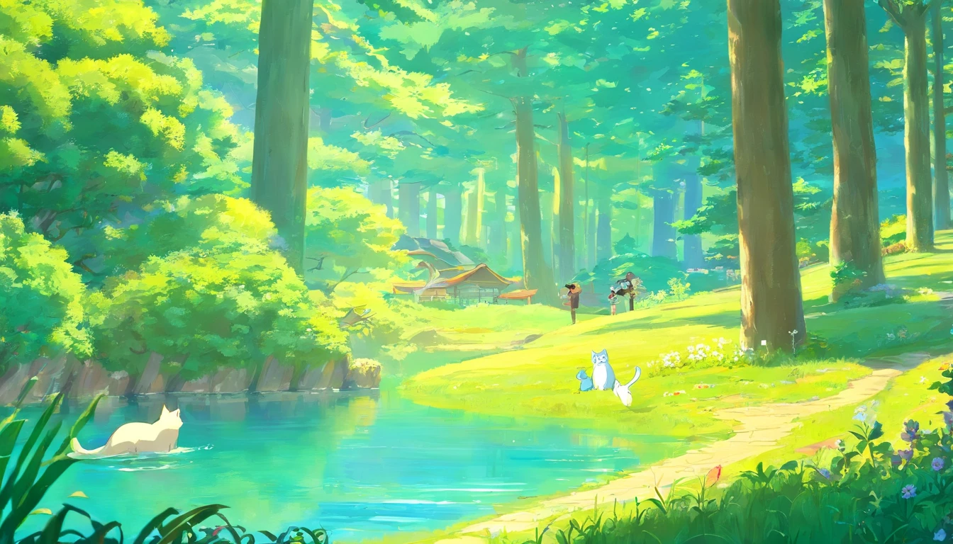A 13-year-old girl,By the lake in the forest,Kittens are by your side,flower sea,having picnic,There are vegetables,the fruits,pizza,Extreme light and shadow,Aurora chase,Extreme ambient light,The ultimate lake reflection,heal,bright sun,