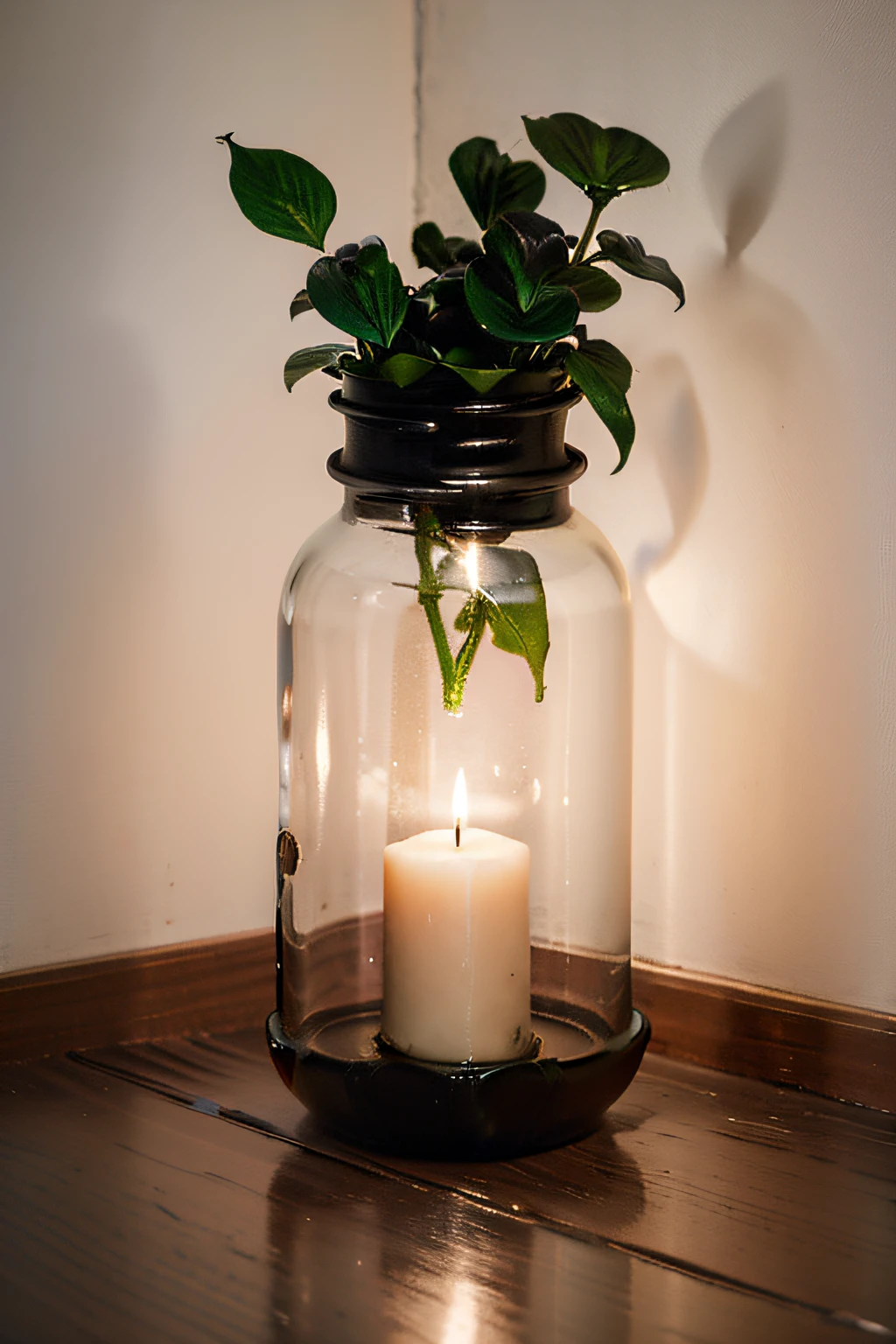 Candle holders made from recycled glass bottles sit in front of the white walls