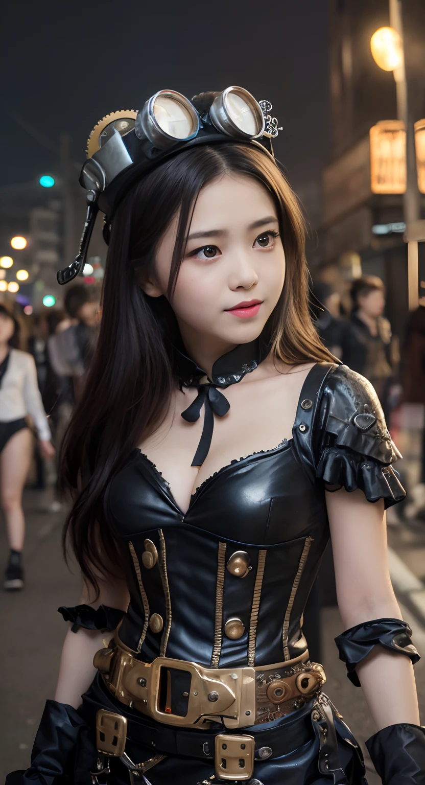 (top-quality、​masterpiece:1.2)、Best Quality、realisitic、photoshot、hight resolution、1080p、8K、Textured skin、Physical Rendering、1 Japan Girls、High school students、kawaii、Young Face、Rolled hair、(Steampunk costumes:1.5)Steam-filled cityscape、full of shyness、smil、Big