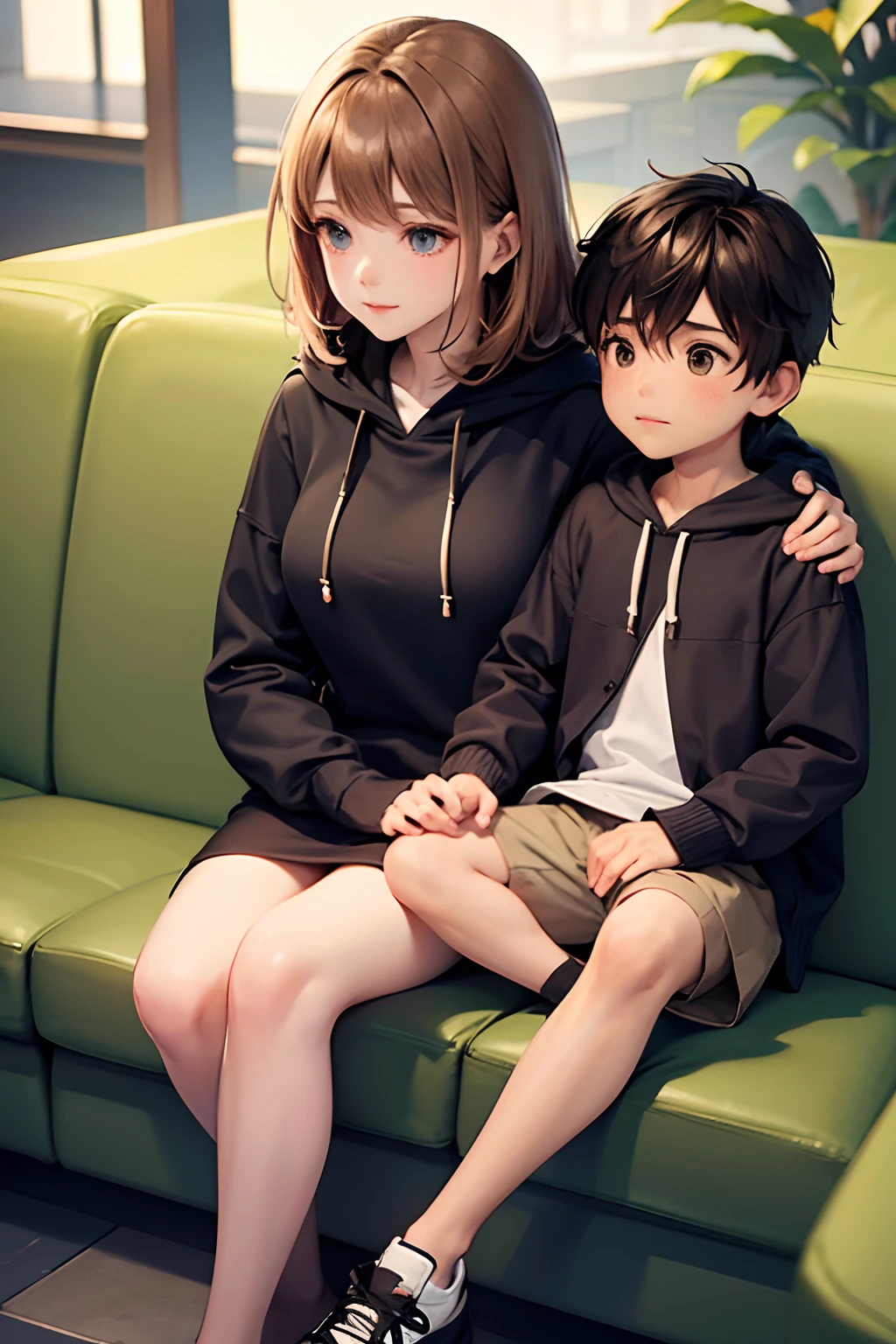 mom dressed in a light brown skirt and a black hoodie. while her son sits on her lap, streets, sitting on lap, shorts, 1child, 1boy, 1mom