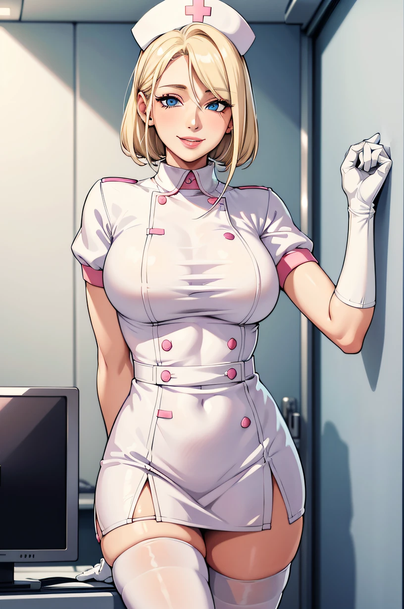 1woman, nurse, nurse cap, white wear, ((white legwear, zettai ryouiki)), white gloves, blonde hair, blue eyes, pink lips, smile, standing, ((hospital room)), sharp outline, short sleeves, mature female, 35 years old, best quality, masterpiece