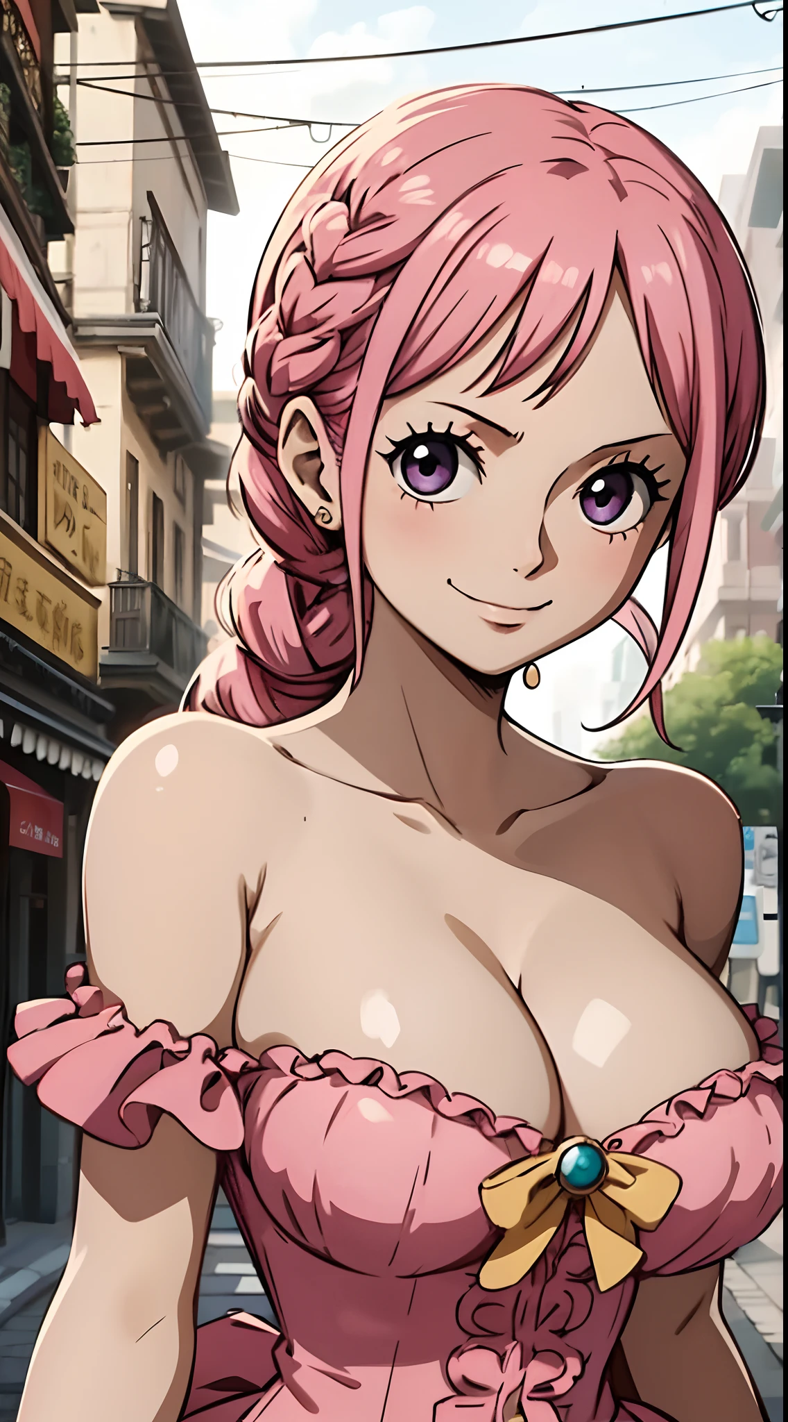 (masterpiece), Rebecca_onepiece, one-girl, little breast, cleavage, (off shoulder: 1.2), looking at viewer, smile, blush, cute pose, street, crowded