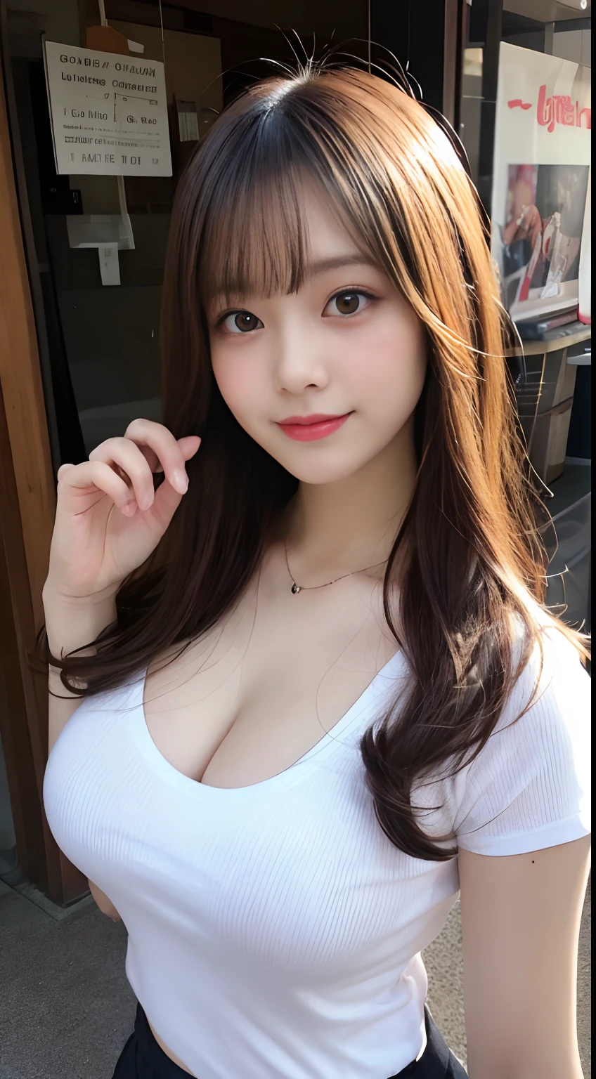 (From  above:1.4)、((1girl in)),Light Brown Fringe Hair、Braided hair、disheveled hair、Light brown eyes、(dignified expression)、((Casual summer clothes))、(爆乳:1.4)、Emphasize the valley、fittingroom、(Photorealsitic)、(intricate detailes:1.2)、(​masterpiece、:1.3)、(top-quality:1.4)、(超A high resolution:1.2)、超A high resolution、(A detailed eye)、(detailed facial features)、(breast hold:1.4)、large full breasts