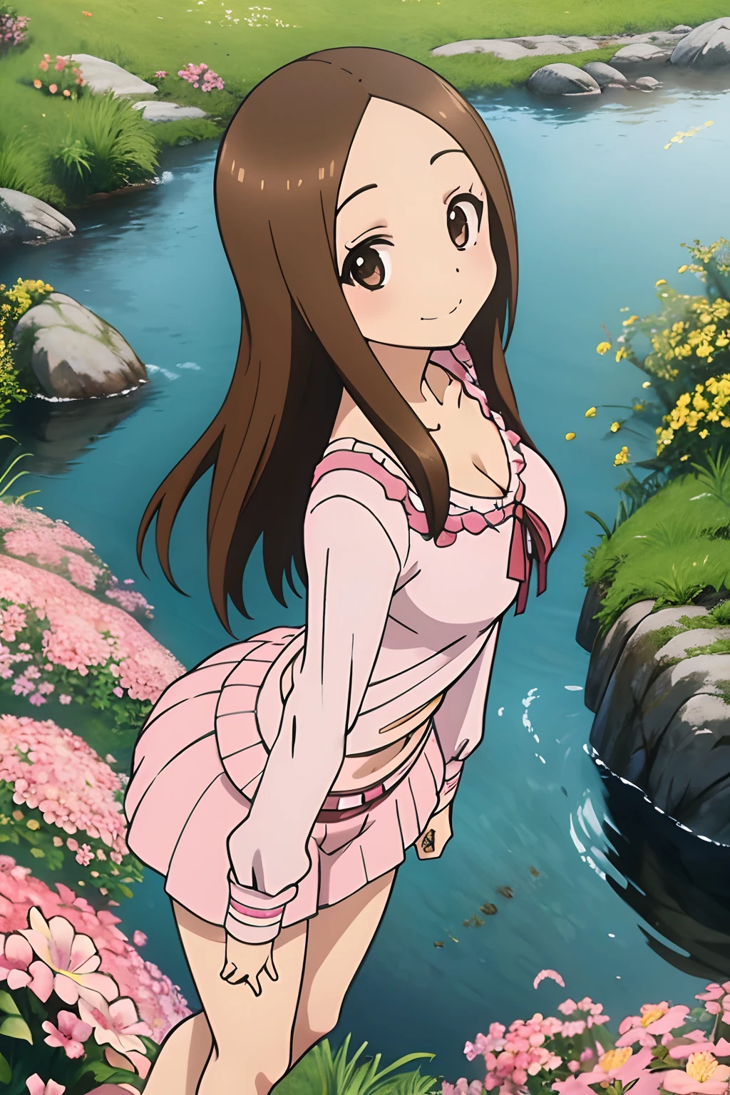 (Realistic),(Photorealistic),Takagi_San, 1girl in, Height 155 cm,Long hair, Brown hair, Part bangs, Brown eyes,（（German national costume））,（（white frills））,（pink clothing）,large full breasts,cleavage of the breast,Forehead,Smile, Looking at Viewer,masutepiece,Big ass,Full body, Best Quality, (Colorful),volumatic light, Ray tracing,the Extremely Detailed CG Unity 8K Wallpapers,Smile,((flying petal)),(Flowery meadow), Sunny,Sunshine, light, Fantasy, Windy, magic sparks, Trees, lake, mountainscape, ((Flowers)),weeds