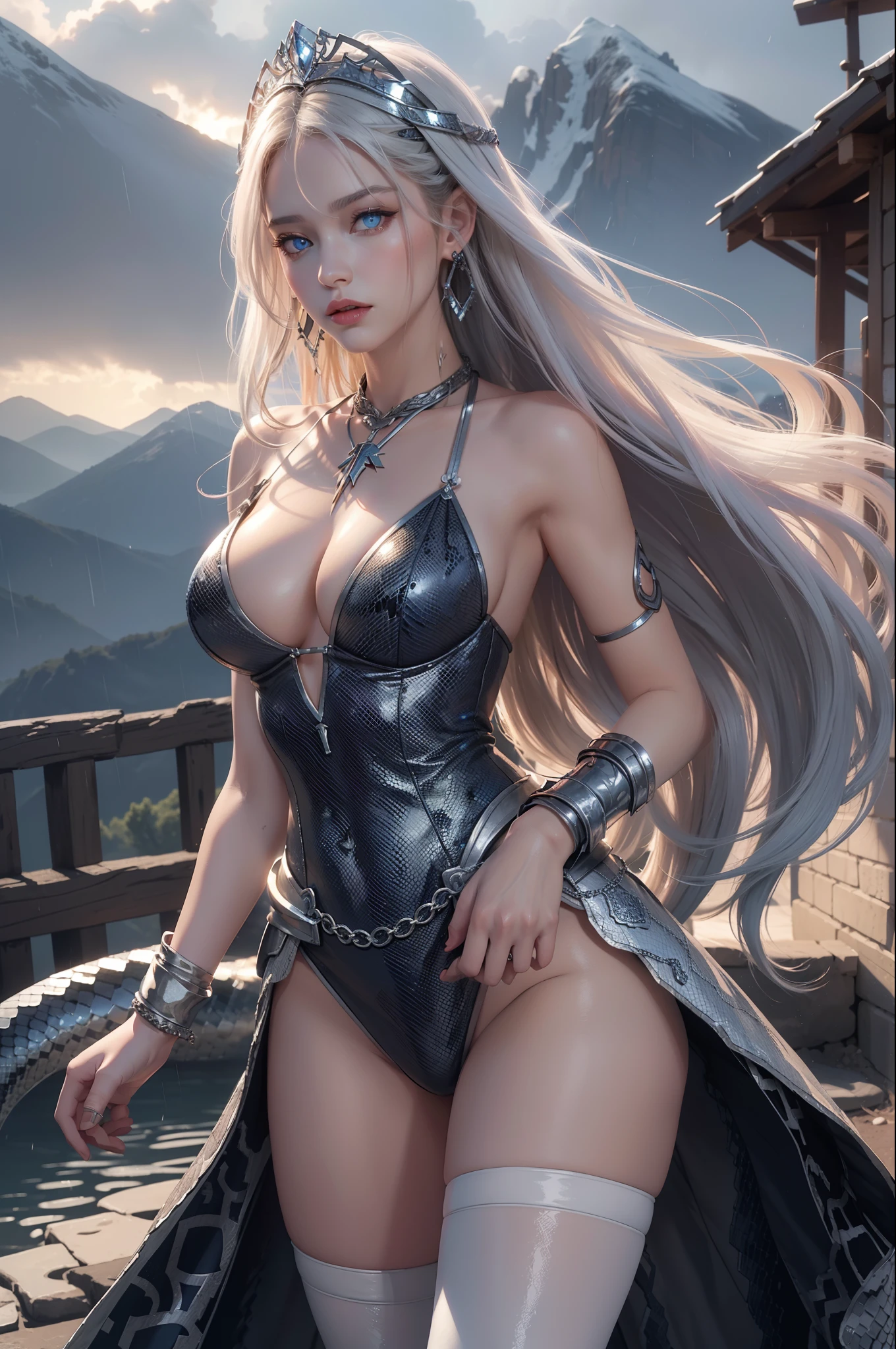 Very detailed CG, (beautiful eyes, seductive expression, 1 girl, blue pupils, red face, full and symmetrical breasts, chest bumps, toned buttocks, white armor, blue trim, flowing long hair, various hairstyles, headdresses, earrings, necklaces, holding silver chains), (black mamba, python, right leg entangled), sky, mountains, clouds, castle, fire effects, lightning effects, rain effects, dynamic angles, flowing, 8k wallpapers, masterpieces, best quality, super detailed, best lighting, best shadows