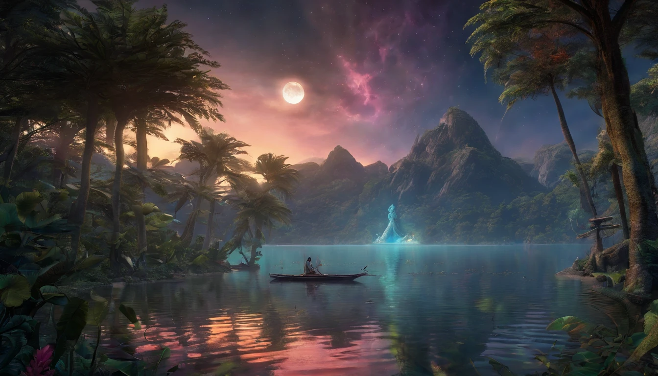 expansive landscape photograph , (a view from below that shows sky above a lake in a jungle below), a lake in a jungle, (lotus on the surface of the lake: 1.2), (firefly in the jungle: 1.1), ((a beautiful moonlit night scene)), (a big full moon: 1.3) , partly cloudy sky, (night shooting star: 1.1), (nebula: 1.2), (image of the moon into the lake: 1.2), distant mountain, 4k, ultra-detailed, (dynamic configuration: 1.4), highly detailed and colorful details (iridescent: 1.2), (sparkling lighting, atmospheric lighting), highest quality
