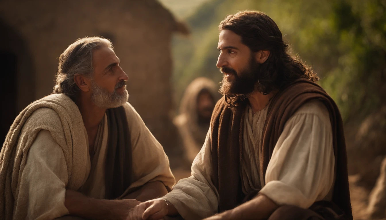 um homem velho de cabelos brancos conversando com um homem mais novo, perto de uma vinha, Biblical characters of the New Testament. tempo de jesus
