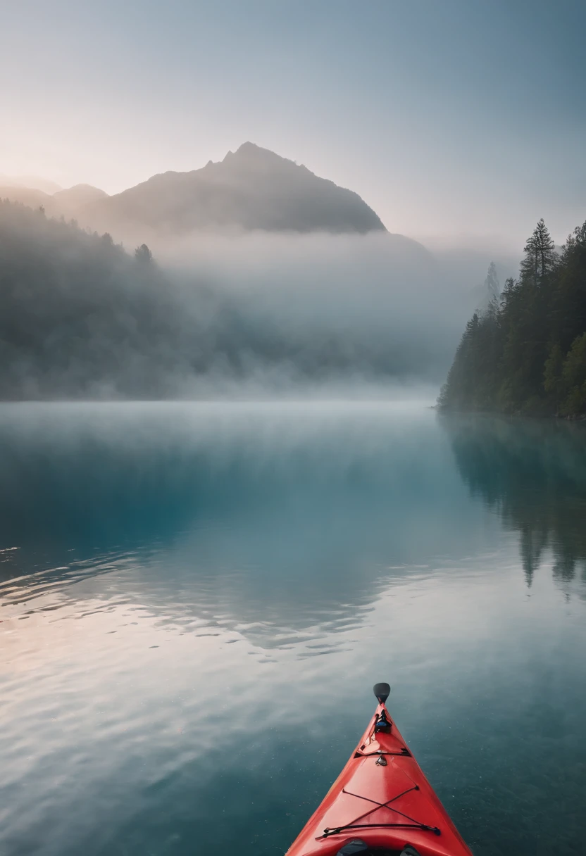Generate an illustration of a contemplative landscape, calm and serene with mystic clouds and tranquil waters. 1 lonely man is kayaking alone in a expansive, misty lake, the entire atmosphere covered a calm light blue hue, in contemplative and philosothical, melancholic silent wonder masterpiece, 8k, ultrasharp, high res.