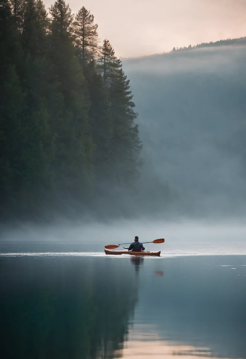 Generate an illustration of a contemplative landscape, calm and serene with mystic clouds and tranquil waters. 1 lonely man is kayaking alone in a expansive, misty lake, the entire atmosphere covered a calm light blue hue, in contemplative and philosothical, melancholic silent wonder masterpiece, 8k, ultrasharp, high res.