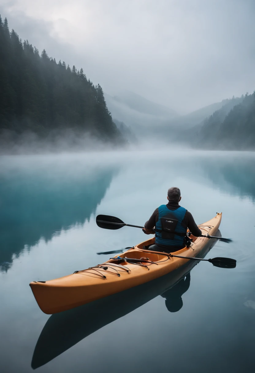 Generate an illustration of a contemplative landscape, calm and serene with mystic clouds and tranquil waters. 1 lonely man is kayaking alone in a expansive, misty lake, the entire atmosphere covered a calm light blue hue, in contemplative and philosothical, melancholic silent wonder masterpiece, 8k, ultrasharp, high res.