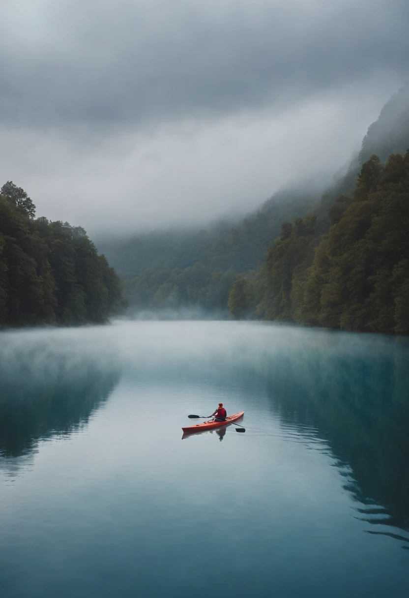 Generate an illustration of a contemplative landscape, calm and serene with mystic clouds and tranquil waters. 1 lonely man is kayaking alone in a expansive, misty lake, the entire atmosphere covered a calm light blue hue, in contemplative and philosothical, melancholic silent wonder masterpiece, 8k, ultrasharp, high res.