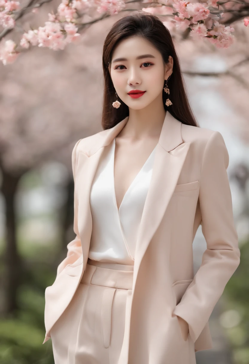 Gentle and beautiful woman, half body photo, Delicate and sexy collarbone, charming oval face, Double eyelids, Smart peach blossom eyes, Pink lips, small nose, Bare shoulders, Focused face, Face Close-up, The ultra -The high-definition, Super Details, elegant standing, Black British College Style Double Breasted Casual Loose Korean Style Small Suit Jacket, Pair with a black pleated skirt suit