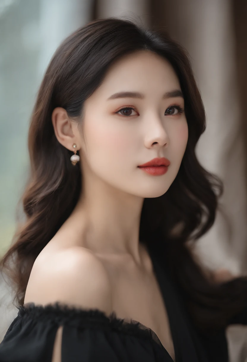 Gentle and beautiful woman, half body photo, Delicate and sexy collarbone, charming oval face, Double eyelids, Smart peach blossom eyes, Pink lips, small nose, Bare shoulders, Focused face, Face Close-up, The ultra -The high-definition, Super Details, elegant standing, Black British College Style Double Breasted Casual Loose Korean Style Small Suit Jacket, Pair with a black pleated skirt suit