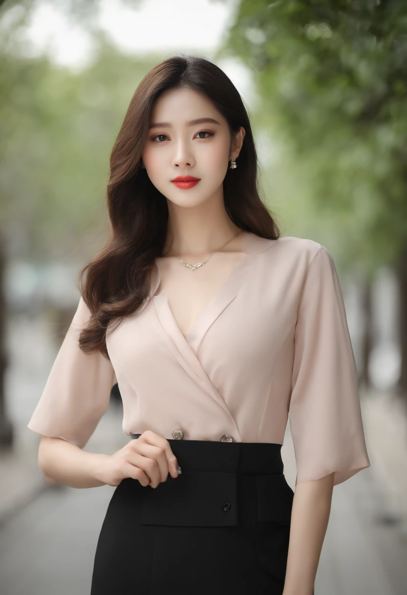 Gentle and beautiful woman, half body photo, Delicate and sexy collarbone, charming oval face, Double eyelids, Smart peach blossom eyes, Pink lips, small nose, Bare shoulders, Focused face, Face Close-up, The ultra -The high-definition, Super Details, elegant standing, Black British College Style Double Breasted Casual Loose Korean Style Small Suit Jacket, Pair with a black pleated skirt suit
