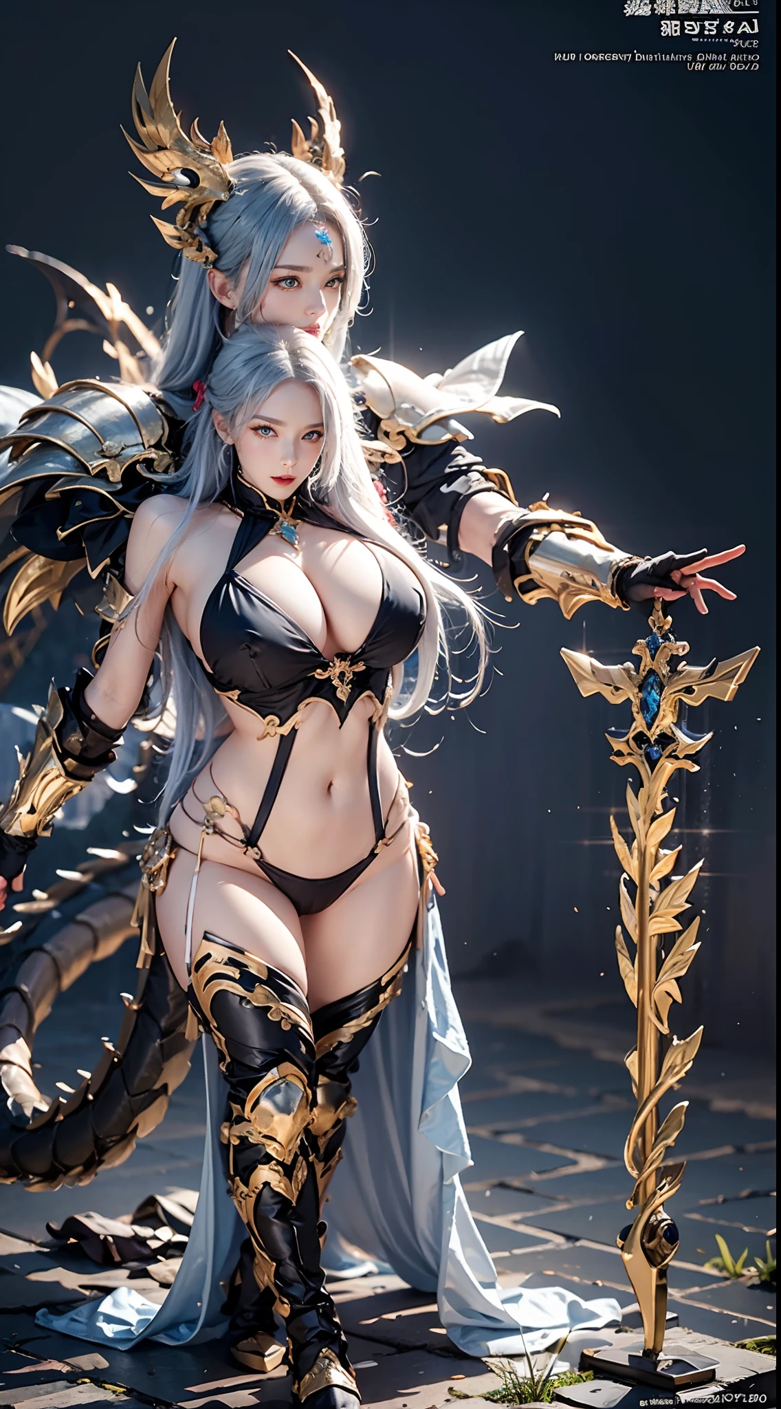 Silver Dragon Queen, Dragon spearman pose, huge boob, Mecha heavy armor, cleanness, standing, Transparent,cleanness, (musculous:1.4), (Naked of breast:1.9),muscle abs.