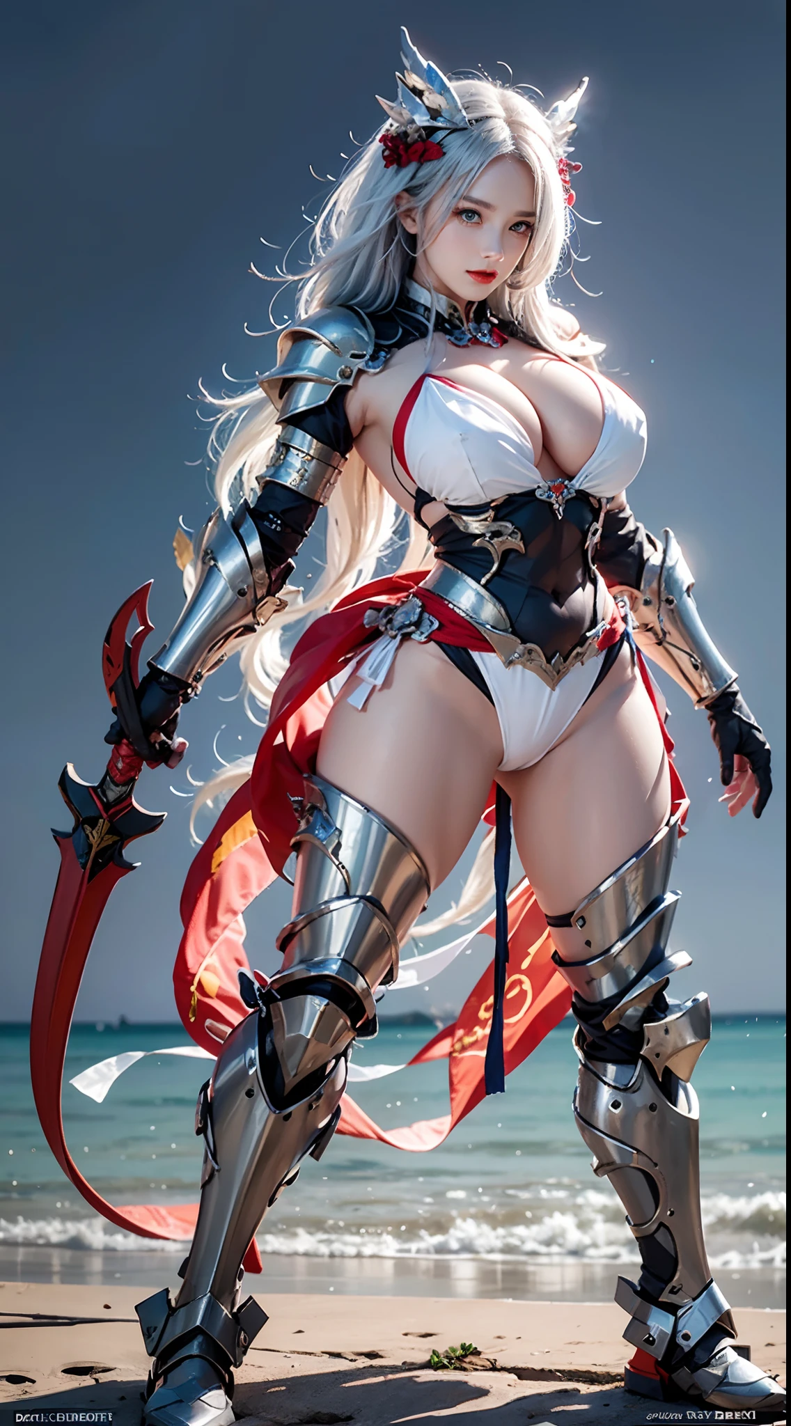 Silver Dragon Queen, Dragon spearman pose, huge boob, Mecha heavy armor, cleanness, standing, Transparent,cleanness, (musculous:1.4), (Naked of breast:1.9),muscle abs.