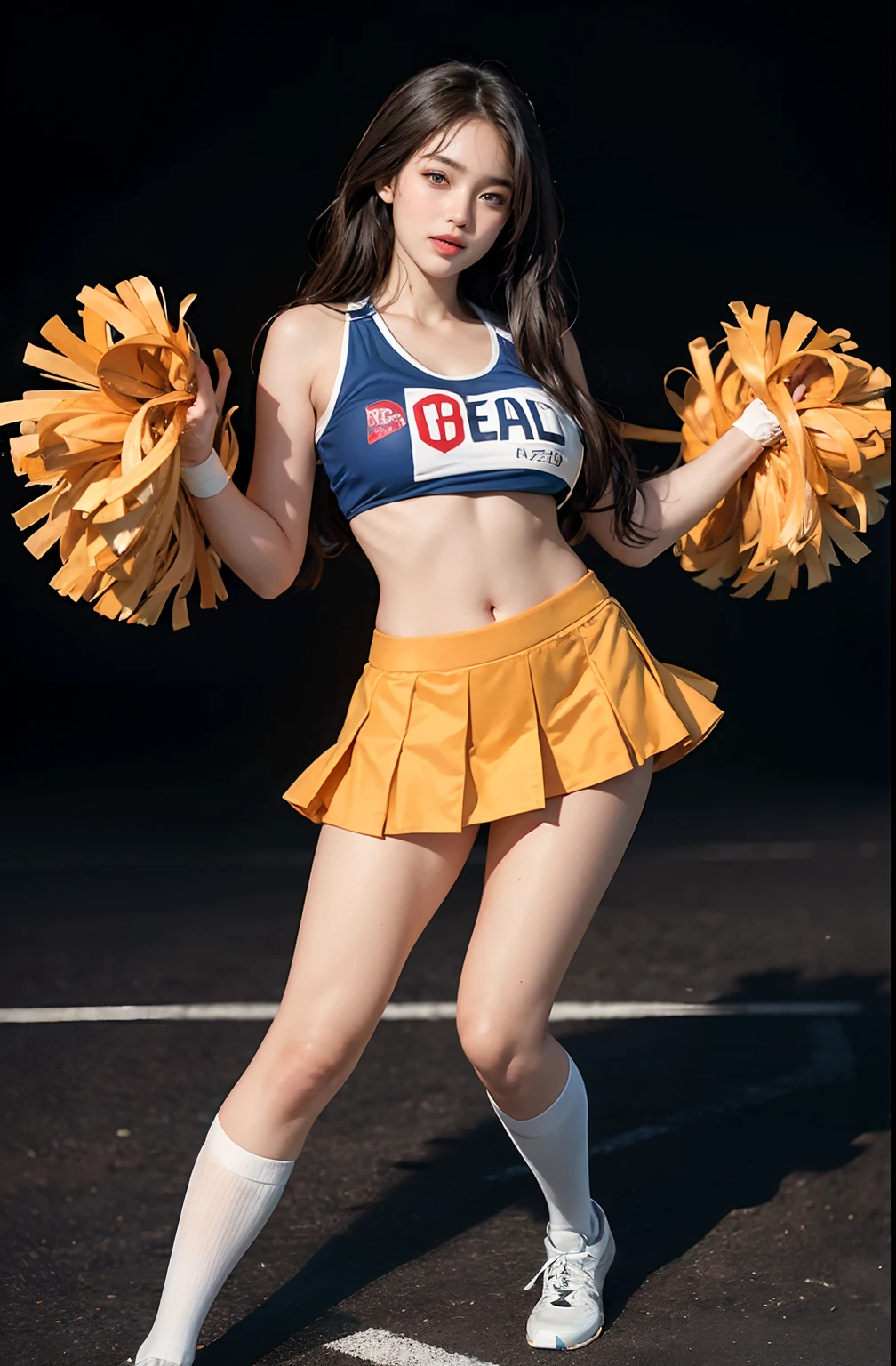 (A hyper-realistic), (illustratio), (hight resolution), (8K), (ighly detailed), (The best illustrations), (beatiful detailed eyes), (top-quality), (ultra-detailliert), (masterpiece), (detailed face), droopy eyes,full of sweat, full body, long legs, long-hair,inner colored,solo, cheerleader uniform, huge tits, smile, football field, short skirt, sports bra