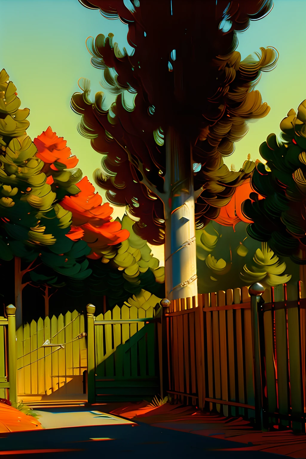 A painting of an autumn landscape, green trees and autumn trees, a fence with a gate that is closed, afternoon light.