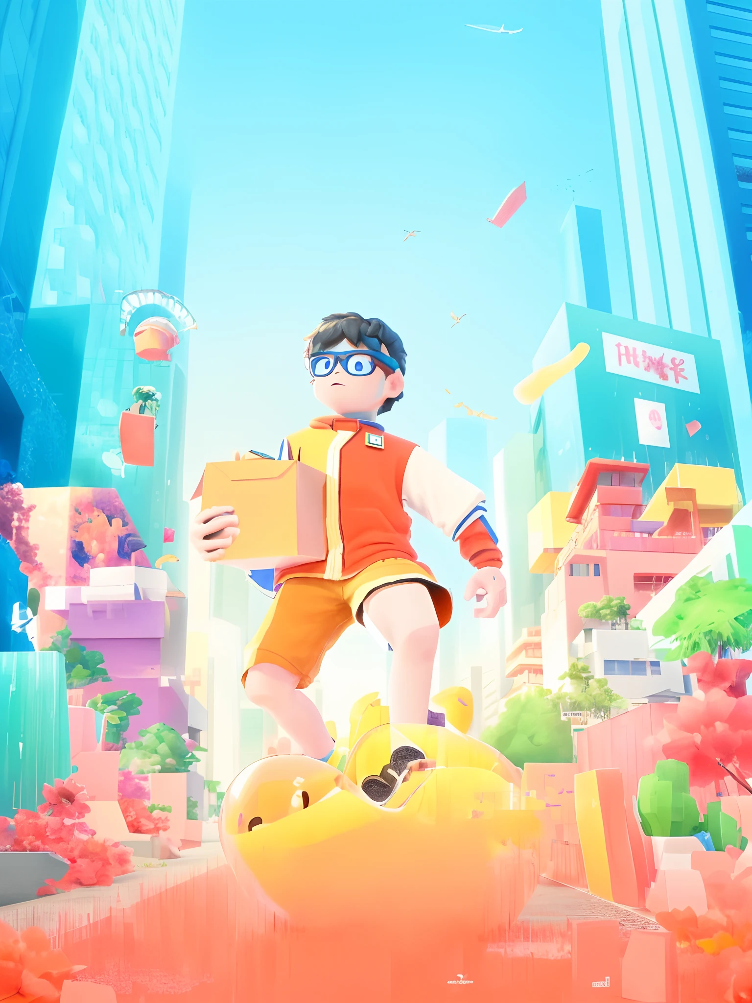 OC rendering，A 3D street，Blue sky in the distance，（tre）Young Asians stand in the street with open arms，Young and energetic，Sailing，metalictexture，Surrounded by modern city buildings and gift boxes，Blue and orange style，perspective view，rich details​，Bright colors，HD8K，c4d，Blander，3D，8k