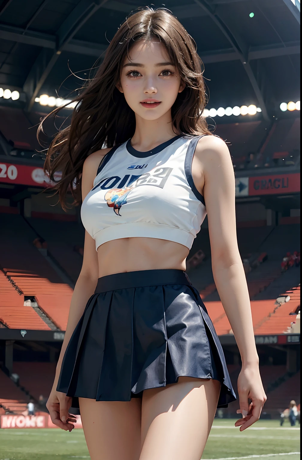 (A hyper-realistic), (illustratio), (hight resolution), (8K), (ighly detailed), (The best illustrations), (beatiful detailed eyes), (top-quality), (ultra-detailliert), (masterpiece), (detailed face), droopy eyes,full of sweat, full body, long legs, long-hair,inner colored,solo, cheerleader uniform, huge tits, smile, football field, short skirt, sports bra