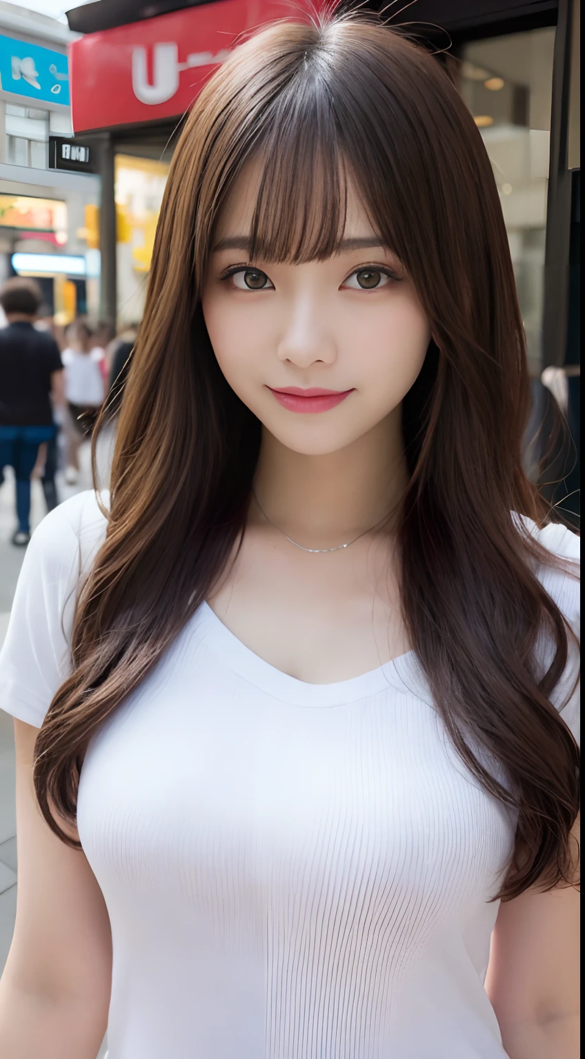masutepiece, Best Quality, Illustration, Ultra-detailed, finedetail, hight resolution, 8K Wallpaper, Perfect dynamic composition, Beautiful detailed eyes,Full-body photography，showing your whole body,white t-shirts、Long grey hair,Colossal tits, Bold sexy poses,Smile,Harajuku、20 years girl、Colossal tits、Look at the sexy shots of the lens