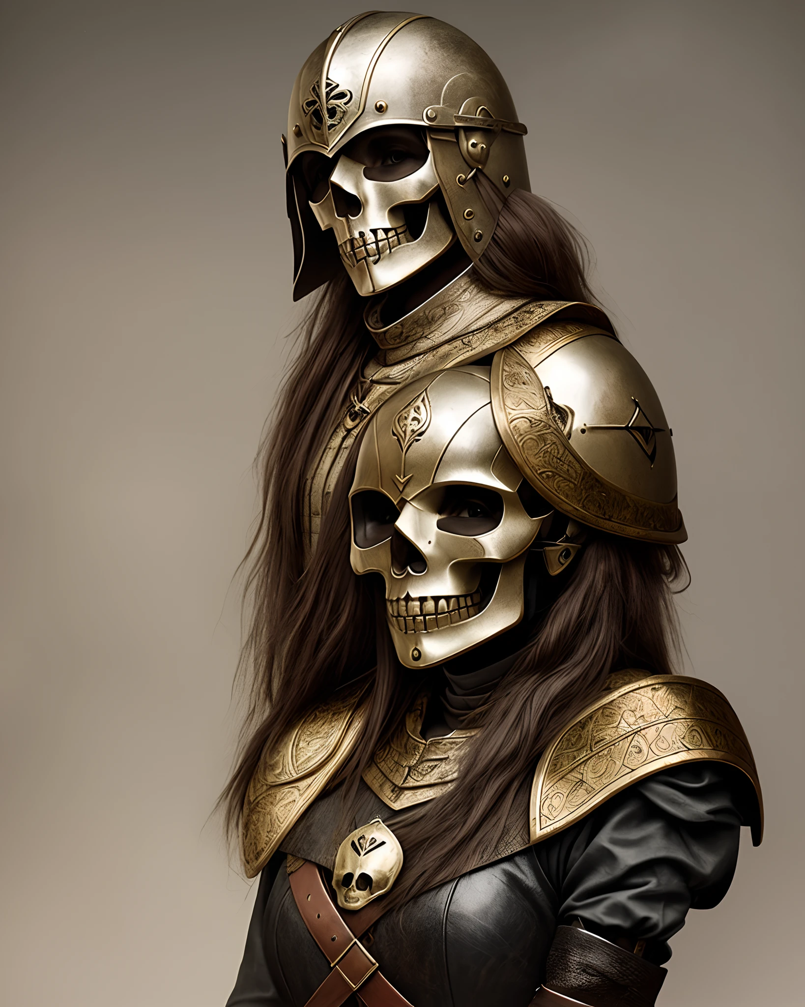 Realistic woman with medieval helmet in the shape of a skull